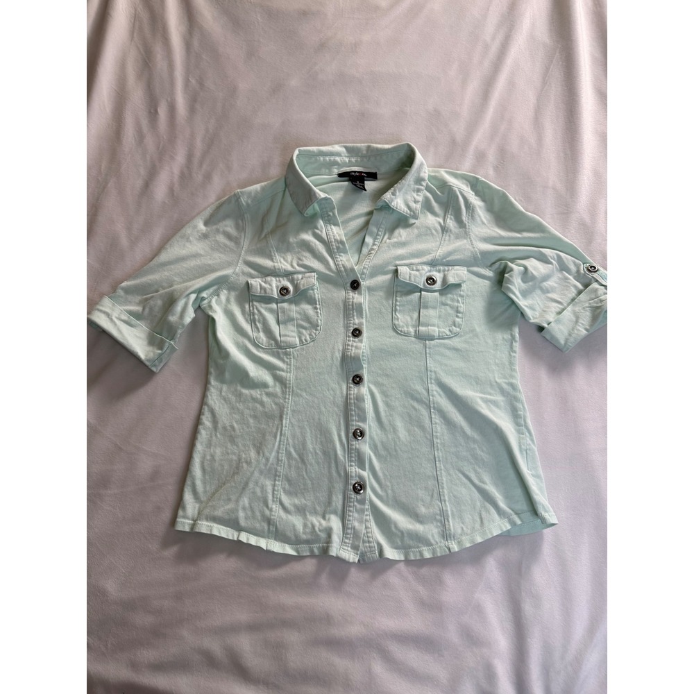 Style & Co Mint Green Cotton Button Front Roll Tab Sleeve Top Small